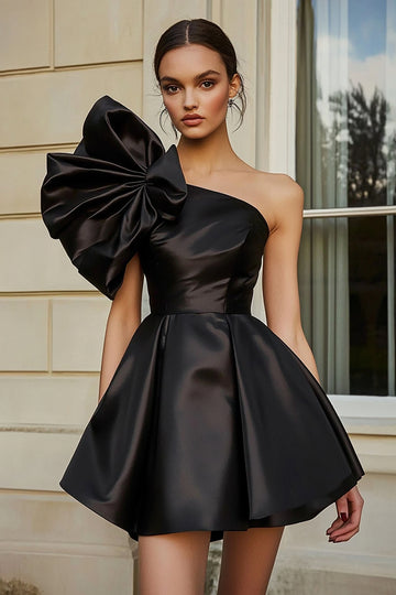 Black Satin A Line Cocktail Dress with Ruffles